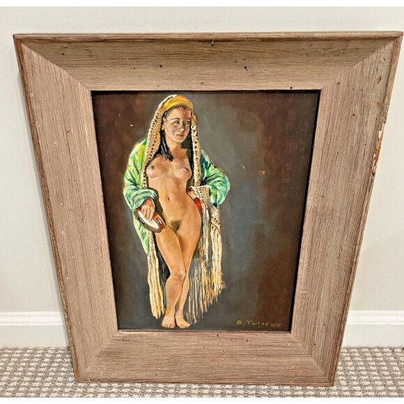 Vtg Framed Oil (?) Painting of Female Nude Standing 21" x 17" Signed B. Terry - Picture 7 of 10